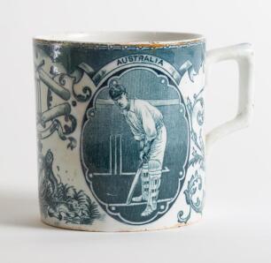 England v Australia 1905. Victor Thomas Trumper. New South Wales & Australia 1894-1914 and Archibald Campbell MacLaren. Lancashire & England 1890-1923. Scarce Staffordshire mug, printed in dark turquoise, with figures of Trumper and MacLaren in batting po