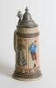German beer stein. A striking German-made stein circa 1880s. Classic German stoneware with a pewter lid and decorated with colourful images in panels of cricket, football, tennis, croquet and hockey. Around the base is the German motto &lsquo;Maass und Ziel das - 2