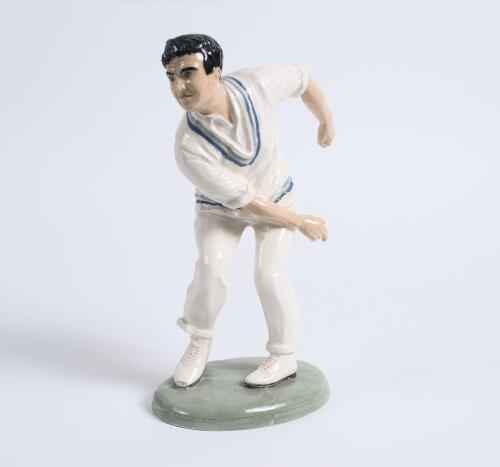 &lsquo;Freddie Truman. Yorkshire & England&rsquo;. A glazed pottery figure of Freddie Trueman modelled full length, wearing Yorkshire colours, in bowling action. Incised to base with title and signed R. Underwood. 9&rdquo; tall. Issued in a limited number, this being marke