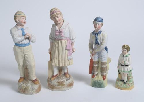 &lsquo;Young England and Young England&rsquo;s sister&rsquo;. Large pair of continental bisque figures of a boy, wearing white and blue hooped cap holding a cricket ball and a young girl, wearing a white and pink hooped cap, dressed in three-quarter dress holding a cricket
