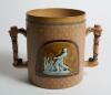 Doulton Lambeth large stoneware two handled loving cup, in brown, impressed with a delicate white flower and floral decoration, with two moulded relief vignettes in roundels of a batsman stood leaning on his bat and a wicket-keeper breaking the stumps wit - 2