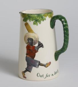 &lsquo;Out for a Duck&rsquo; Royal Doulton Black Boy jug, entitled &lsquo;Out for a Duck&rsquo; printed with a boy in red shirt and a floppy hat in batting pose having attempted a big shot, looking back to see the ball hit his wicket to one side and to the other, a crest with &lsquo;T
