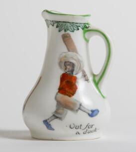 &lsquo;Out for a Duck&rsquo; Royal Doulton Black Boy miniature bulbous jug, entitled &lsquo;Out for a Duck&rsquo; printed with a boy in red shirt and a floppy hat in batting pose having attempted a big shot, looking back to see the ball hit his wicket to one side and to the othe