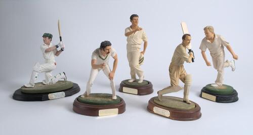 Don Bradman. Australian Test Cricketers. Five Endurance Ltd or similar cold-cast porcelain cricketing figures of Don Bradman, Keith Miller, Dennis Lillee, Steve Waugh and Shane Warne. Complete with plinths and bats where necessary. Various heights, all ar