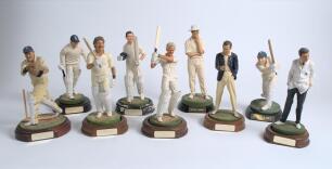 England. Nine Endurance Ltd or similar cold-cast porcelain cricketing figures of Len Hutton, Tom Graveney, Colin Cowdrey, Godfrey Evans, Geoff Boycott, Dickie Bird, David Gower, Ian Botham and Michael Vaughan. Complete with plinths and bats where necessar