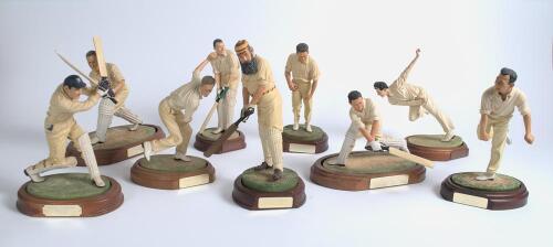 England. Nine Endurance Ltd or similar cold-cast porcelain cricketing figures of W.G. Grace, Jack Hobbs, Harold Larwood, Wally Hammond, Peter May, Denis Compton, Brian Statham, Fred Trueman, and Jim Laker. Various heights, all around 9&rdquo; tall or smaller. B
