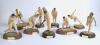 England. Nine Endurance Ltd or similar cold-cast porcelain cricketing figures of W.G. Grace, Jack Hobbs, Harold Larwood, Wally Hammond, Peter May, Denis Compton, Brian Statham, Fred Trueman, and Jim Laker. Various heights, all around 9&rdquo; tall or smaller. B