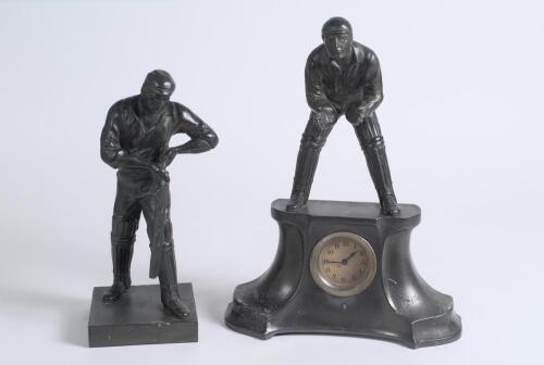 Charles Burgess Fry, Sussex & England 1892-1921. Two Victorian figures from a three piece spelter garniture featuring C.B. Fry. The two figures are the rarer clock cast with a wicket keeper a top it and Fry as a batsman, celebrating Fry as the great Engli