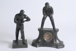 Charles Burgess Fry, Sussex & England 1892-1921. Two Victorian figures from a three piece spelter garniture featuring C.B. Fry. The two figures are the rarer clock cast with a wicket keeper a top it and Fry as a batsman, celebrating Fry as the great Engli