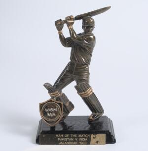Wasim Hasan Raja. Lahore, Combined Universities, Pakistan International Airways, National Bank & Pakistan 1967/68-1983/84. &lsquo;India v Pakistan 1983/84&rsquo;. Trophy, in the figure of a batsman playing a shot, presented to Wasim Raja as &lsquo;Man of the Match&rsquo; in the 