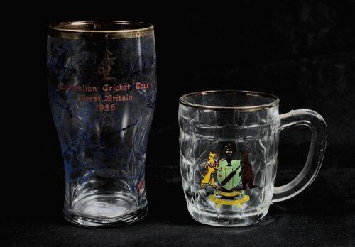 Australia 1956. Rare commemorative glass one pint glass produced to commemorate the Australian tour of England in 1956. With &lsquo;Australian Cricket Tour Great Britain 1956&rsquo; in red below a Kangaroo in brown. In blue around the glass are the signatures of the 