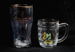 Australia 1956. Rare commemorative glass one pint glass produced to commemorate the Australian tour of England in 1956. With &lsquo;Australian Cricket Tour Great Britain 1956&rsquo; in red below a Kangaroo in brown. In blue around the glass are the signatures of the 