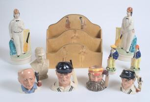 Cricket ceramics etc. Good selection including four Royal Doulton ceramic caricature cricket toby jugs of W.G. Grace, Brian Johnston, Len Hutton and &lsquo;The Hampshire Cricketers. Each limited edition and standing approx 4&rdquo; to 4.25&rdquo; tall. Plus three commemora