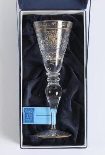 M.C.C. v Rest of the World Bicentenary Match 1987. Excellent lead crystal glass goblet issued for the match and engraved in gilt with details of the match and the initials &lsquo;C.G.H.&rsquo; for Geoffrey Howard, Middlesex 1930 and tour Manager to M.C.C. teams in th