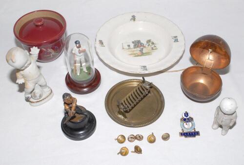 Cricket, golf and sporting metalware and ceramics. Interesting selection including a enamel and gold metal pin badge with the wording &lsquo;CAB 3rd [Test] 1984. India vs England&rsquo; with a further hanging part on chain &lsquo;Player. England&rsquo;, five brass Victorian cric