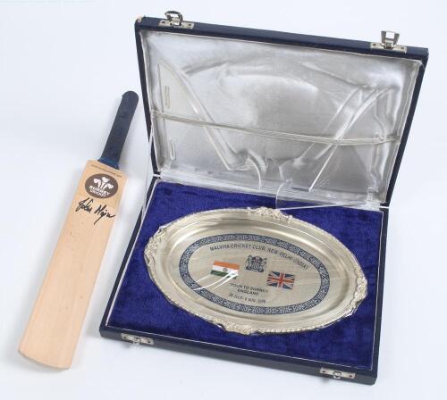 &lsquo;Malviya Cricket Club, New Delhi (India) tour to Surrey England 26 July- 8 Aug. 1999&rsquo;. Silver metal oval salver by S.R. Jain Jewellers, Delhi. Titles and flags to centre with decorative blue border. The salver unopened in original cellophane wrapper, cont
