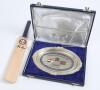 &lsquo;Malviya Cricket Club, New Delhi (India) tour to Surrey England 26 July- 8 Aug. 1999&rsquo;. Silver metal oval salver by S.R. Jain Jewellers, Delhi. Titles and flags to centre with decorative blue border. The salver unopened in original cellophane wrapper, cont