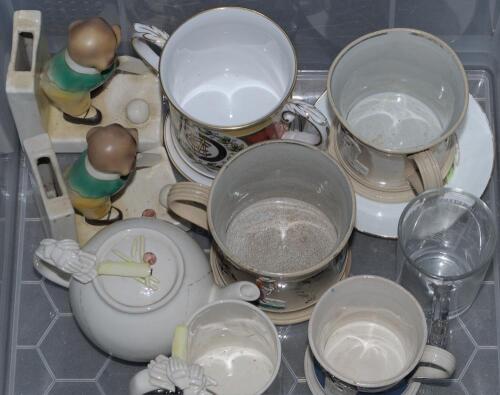 Alexander E. Davis, Warwickshire and England scorer. A good selection of ceramics, metalware and glass, signed miniature cricket bats etc. Items include a Sydney F. Barnes of Lancashire & England 7&rdquo; side plate with colour transfer printed vignette of Barn