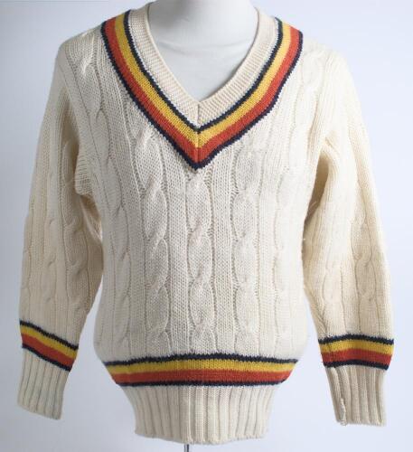 Robert William &lsquo;Bob&rsquo; Taylor. Derbyshire & England 1961-1988. M.C.C./England long sleeved touring Test sweater worn by Taylor whilst playing for England in Test matches abroad. The sweater, by Bill Edwards of Swansea, with trimming to neck, waist and sleev