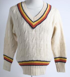Robert William &lsquo;Bob&rsquo; Taylor. Derbyshire & England 1961-1988. M.C.C./England long sleeved touring Test sweater worn by Taylor whilst playing for England in Test matches abroad. The sweater, by Bill Edwards of Swansea, with trimming to neck, waist and sleev