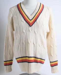 Robert William &lsquo;Bob&rsquo; Taylor. Derbyshire & England 1961-1988. M.C.C./England long sleeved touring Test sweater worn by Taylor whilst playing for England in Test matches abroad. The sweater, by Kent and Curwen, with trimming to neck, waist and sleeves in M.