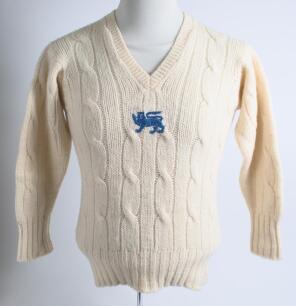 Robert William &lsquo;Bob&rsquo; Taylor. Derbyshire & England 1961-1988. England &lsquo;One Day&rsquo; international long sleeved sweater worn by Taylor whilst playing for England. The sweater with single blue lion emblem to chest. Some shrinkage to sweater otherwise in good co