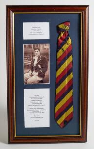 Robert William &lsquo;Bob&rsquo; Taylor. Derbyshire & England 1961-1988. William &lsquo;Bill&rsquo; Voce. Nottinghamshire & England 1927-1952. Original M.C.C. touring tie worn by Voce on the M.C.C. &lsquo;Bodyline&rsquo; tour of Australia in 1932-1933. The tie is framed with a sepia image o