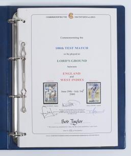 Robert William &lsquo;Bob&rsquo; Taylor. Derbyshire & England 1961-1988. &lsquo;100th Test Match&rsquo; at Lord&rsquo;s 2000. Blue folder published by &lsquo;Stamp Publicity&rsquo; to commemorate the match for England v West Indies, Lord&rsquo;s, 29th June-3rd July 2000. The album contains printed hist