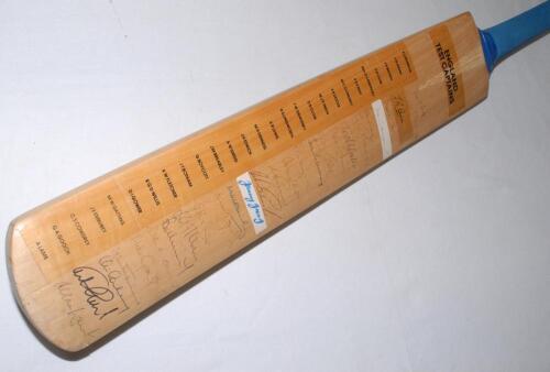 England Test Captains&rsquo; 1947-1991. Full size unbranded bat with printed title to top with players&rsquo; names to the face of twenty seven England Test captains for the period. Signature to the face of each captain beside the name. Two are signed to label laid d