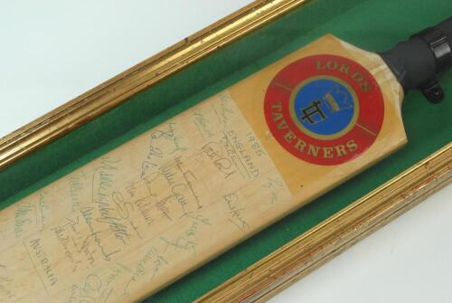 &lsquo;Lord Taverners 1985&rsquo;. Full size cricket bat, presented in framed wooden display case, signed by the England (12 signatures) and Australian (16) teams who played in the Lord&rsquo;s Test match of 1985. In addition to these signatures there are also thirty three