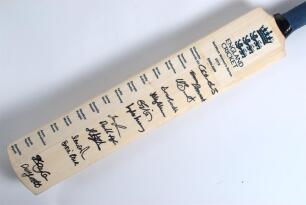 England &lsquo;NatWest Women&rsquo;s Series 2012&rsquo;. Full size &lsquo;England Cricket&rsquo; bat with printed title and players&rsquo; name labels for the England team. Signed in thick black ink by fourteen of the listed England players. Signatures are Edwards (Captain), Beaumont, Brunt