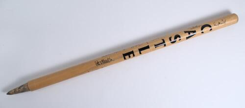 England tour to South Africa 1995/96. Cricket stump with &lsquo;Castle&rsquo; brewery sponsor&rsquo;s logo applied. Signed in black ink by eleven England players. Signatures are Mike Atherton (Captain), Alec Stewart, Angus Fraser, Graeme Hick, Mike Watkinson, Peter Martin,