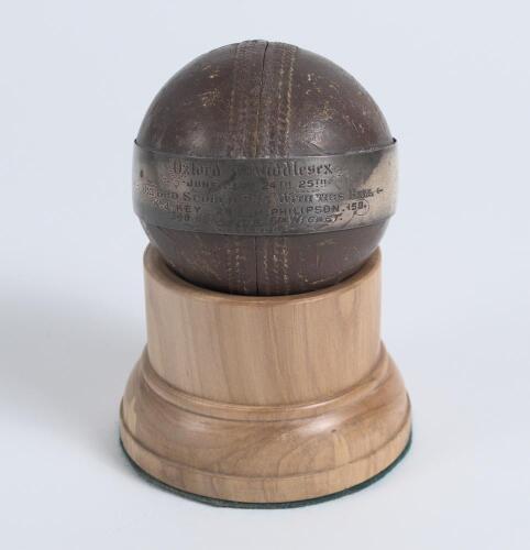 Oxford v Middlesex 1887. The cricket ball used during the Oxford innings of 555 and the record breaking third wicket stand of 340 runs for the 6th wicket stand between Kingsmill Key and Hylton Philipson for Oxford University v Middlesex in the match playe