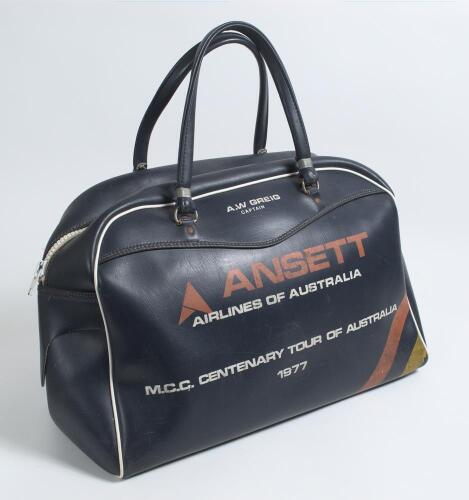 Anthony William &lsquo;Tony&rsquo; Greig. Border, Sussex, Eastern Province & England 1965-1978. Original holdall used by Greig on the M.C.C. Centenary Tour of Australia 1977. The navy blue holdall with printed name &lsquo;A.W. Greig, Captain&rsquo;, &lsquo;Ansett Airlines&rsquo; sponsor&rsquo;s l
