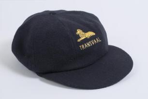 Neil Harvey Fairbrother. Lancashire, Transvaal & England 1982-2002. Transvaal navy cloth cap worn by Fairbrother with gold lion emblem and &lsquo;Transvaal&rsquo; embroidered to front. The cap by &lsquo;Sacap&rsquo; of Cape Town, initialled to the inside &lsquo;NHF&rsquo;. Bought by the ven