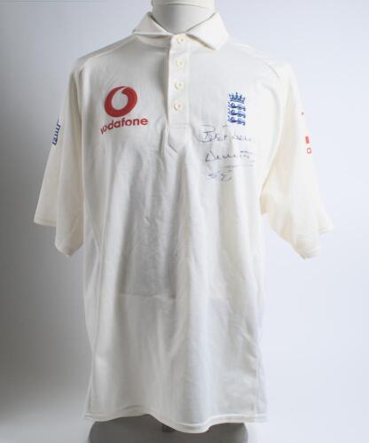 Darren Gough. Yorkshire & England. England white Test shirt worn by Gough. The shirt with England emblem of three lions and coronet plus Vodafone sponsors logo to chest. To sleeves &lsquo;Vodafone&rsquo; and &lsquo;Admiral&rsquo; sponsors logos. Signed by Gough to chest. The shi