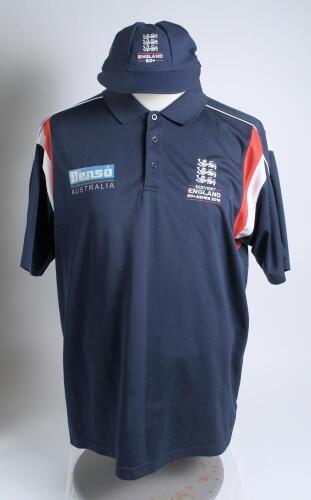 England Over-60s tour to Australia 2016/17. Original tour cap and player&rsquo;s shirt for the tour. The navy blue cap by &lsquo;Gentlemen and Players&rsquo; with England three lions emblem and &lsquo;England 60+&rsquo; to front. The short sleeve navy blue shirt by &lsquo;Hawk&rsquo; with red and