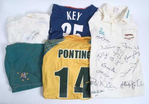 Cricket shirts. Selection of cricket shirts, some signed, some possibly match worn, an Australian green and gold one day shirt, &lsquo;Ponting&rsquo;