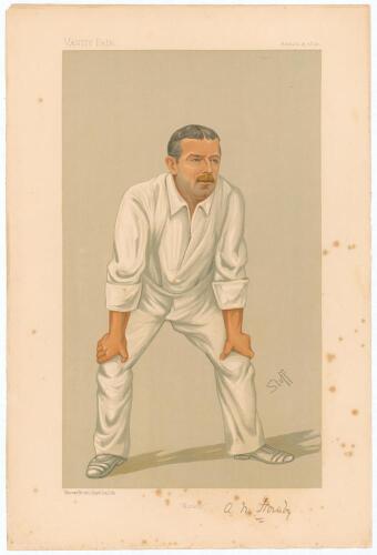 Albert Nielson Hornby, Lancashire & England 1867-1899. Signed Vanity Fair colour chromolithograph of Hornby. &lsquo;Monkey&rsquo;. August 15th 1891 by STUFF. Nicely signed by Hornby in black ink to lower right border. Some foxing to border otherwise in good condition
