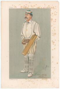 Andrew Ernest Stoddart. Middlesex & England 1885-1900. Signed Vanity Fair colour chromolithograph of Stoddart. &lsquo;A Big Hitter&rsquo;. July 9th 1892 by STUFF. Nicely signed by Stoddart in black ink to lower right border and dated by him 30/07/[19]03. Some foxing 