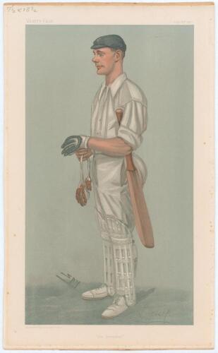 Gilbert Laird Jessop, Gloucestershire & England 1894-1914. Signed Vanity Fair colour chromolithograph of Jessop. &lsquo;The Croucher&rsquo;. July 25th 1901 by SPY. Nicely signed by Jessop in black ink to lower right border. Laid down to mount board, some fading to t