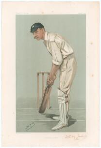 Frank Stanley Jackson. Yorkshire & England 1890-1907. Signed Vanity Fair colour chromolithograph of Jackson. &lsquo;A Flannelled Fighter&rsquo;&rsquo;. August 18th 1902 by artist SPY Nicely signed by Jackson in black ink to lower right border. Odd foxing spot to border, s