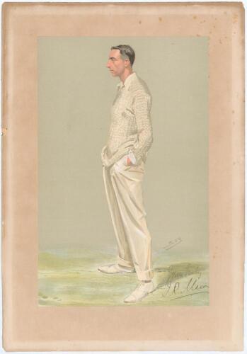 John Richard Mason, Kent & England 1893-1914. &lsquo;Supplement to the World&rsquo; magazine 3rd May 1910. Signed original colour chromolithograph of Mason by SPY. Nicely signed by Mason in black ink to lower right border. The chromolithograph trimmed and laid down t