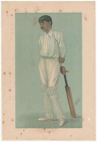 Kumar Shri Ranjitsinhji, Sussex & England 1893-1920. Signed Vanity Fair colour chromolithograph of Ranjitsinhji. &lsquo;Ranji&rsquo;. 26th August 1897 by SPY. Nicely signed by Ranjitsinhji in black ink to lower border. Some foxing spots to image and border, minor re