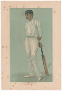 Kumar Shri Ranjitsinhji, Sussex & England 1893-1920. Signed Vanity Fair colour chromolithograph of Ranjitsinhji. &lsquo;Ranji&rsquo;. 26th August 1897 by SPY. Nicely signed by Ranjitsinhji in black ink to lower border. Some foxing spots to image and border, minor re