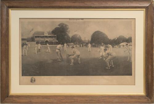 &lsquo;Kent v Lancashire at Canterbury 1906&rsquo;. Albert Chevallier Tayler. Large mono photogravure of the famous painting of Colin Blythe bowling to Tyldesley with the attacking fielders around the bat. Title &lsquo;Kent Champions 1906&rsquo; to top border and to the lower bo