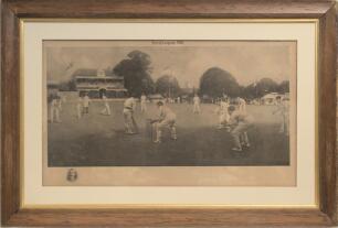 &lsquo;Kent v Lancashire at Canterbury 1906&rsquo;. Albert Chevallier Tayler. Large mono photogravure of the famous painting of Colin Blythe bowling to Tyldesley with the attacking fielders around the bat. Title &lsquo;Kent Champions 1906&rsquo; to top border and to the lower bo