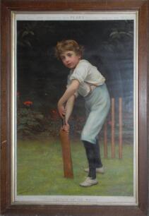 &lsquo;Captain of the Eleven&rsquo;. Large Pears advertising cricket print of the boy cricketer batting in the garden, after the Mezzotint by Philip Calderon 1883. The print with &lsquo;Pears&rsquo; printed to lower left corner and full printed titles to borders with &lsquo;Presented 