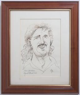 Ian Botham. Somerset and England. Original pen and ink caricature of Botham, head and shoulders, by Gerald Broadhead. This caricature was published in the Cricketer magazine in the 1980&rsquo;s. Titled and signed by Broadhead. Mounted, framed and glazed. Overal