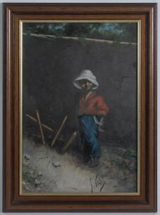 &lsquo;Out First Ball&rsquo;. Original oil painting on board by Federico Vitale, Italian School, late nineteenth century, after E.P. Kinsella of the urchin boy batsman with broken wickets having been bowled out. Signed &lsquo;F. Vitale&rsquo; to lower right corner. Attractively 